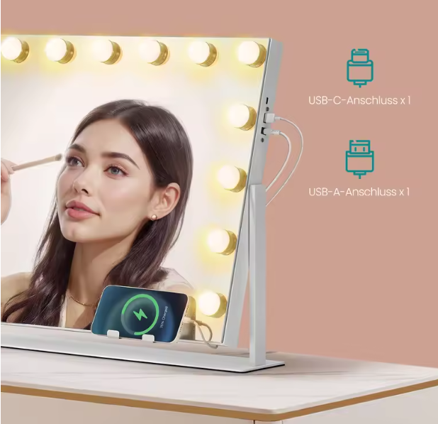 Make-upspiegel met LED-Verlichting, Dimbaar, Aanraakbediening en USB-Poorten