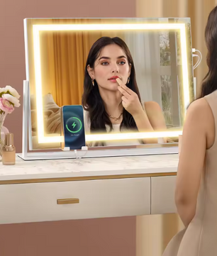 Make-upspiegel met LED-Verlichting, Dimbaar, Aanraakbediening en USB-Poorten