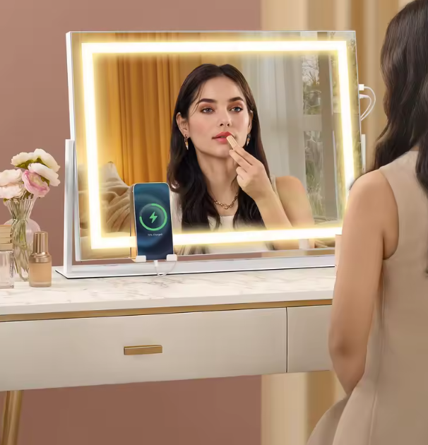 Make-upspiegel met LED-Verlichting, Dimbaar, Aanraakbediening en USB-Poorten