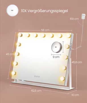 Make-upspiegel met LED-Verlichting, Dimbaar, Aanraakbediening en USB-Poorten