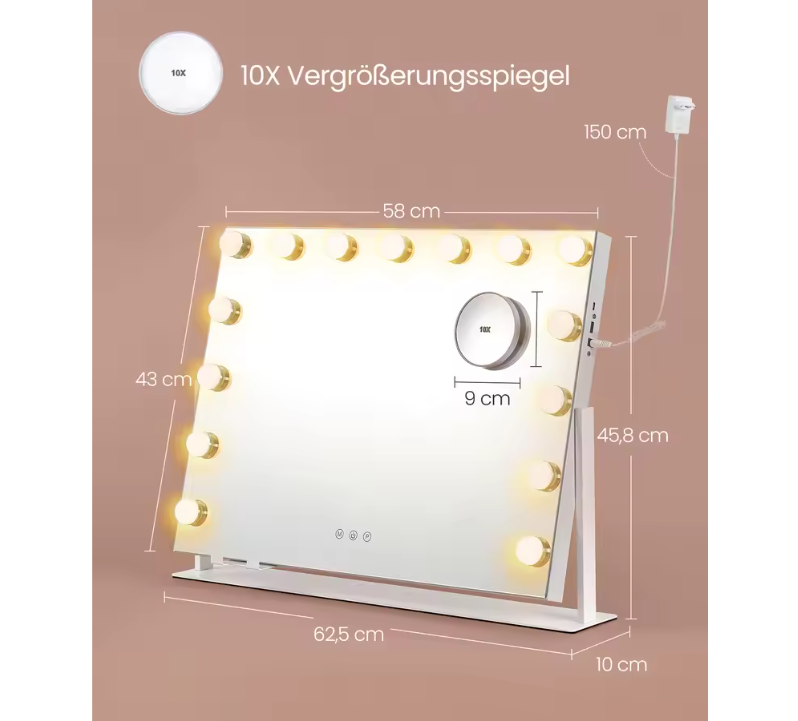 Make-upspiegel met LED-Verlichting, Dimbaar, Aanraakbediening en USB-Poorten