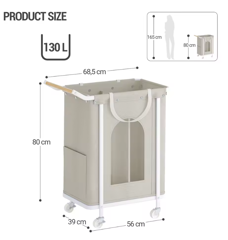 Wasmand op Wielen – 2 Secties, Verwijderbare Tas, Beige