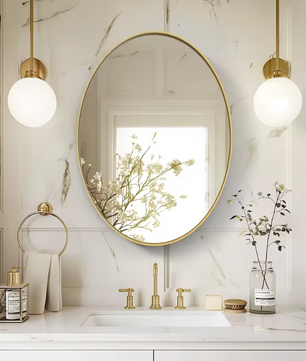 Ovale Gouden Badkamerspiegel met Metalen Frame, Decoratieve Wandspiegel