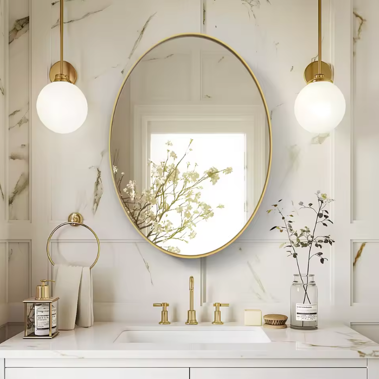 Ovale Gouden Badkamerspiegel met Metalen Frame, Decoratieve Wandspiegel