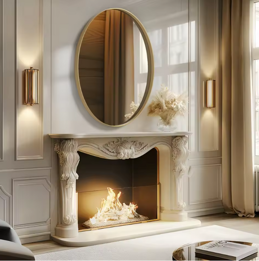 Ovale Gouden Badkamerspiegel met Metalen Frame, Decoratieve Wandspiegel