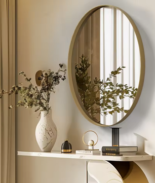 Ovale Gouden Badkamerspiegel met Metalen Frame, Decoratieve Wandspiegel