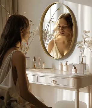 Ovale Gouden Badkamerspiegel met Metalen Frame, Decoratieve Wandspiegel