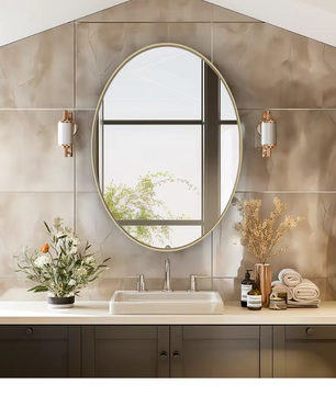 Ovale Gouden Badkamerspiegel met Metalen Frame, Decoratieve Wandspiegel