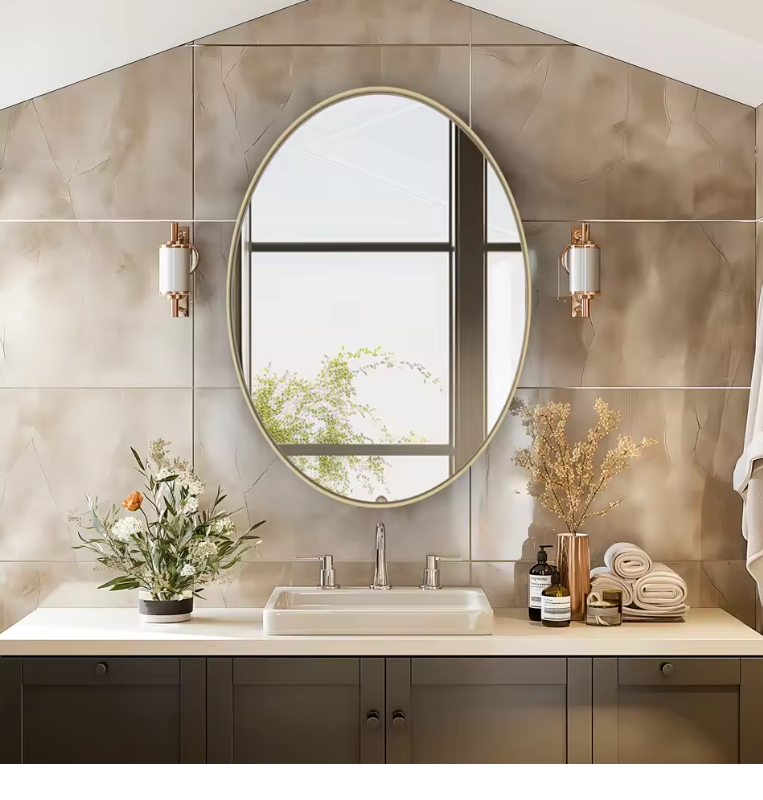 Ovale Gouden Badkamerspiegel met Metalen Frame, Decoratieve Wandspiegel