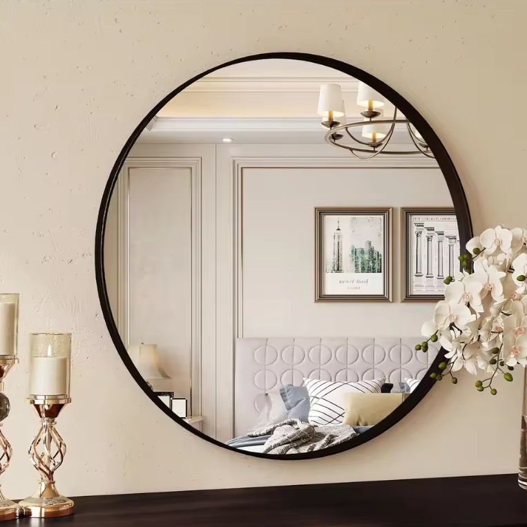 Ronde Wandspiegel met Zwart Geborsteld Metalen Frame – Luxe Badkamer- en Interieurspiegel