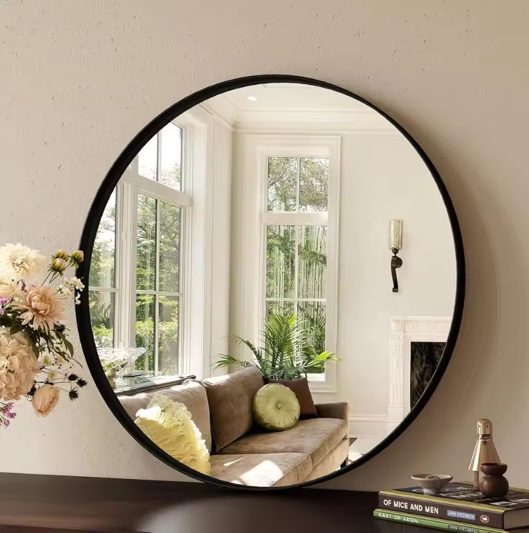 Ronde Wandspiegel met Zwart Geborsteld Metalen Frame – Luxe Badkamer- en Interieurspiegel