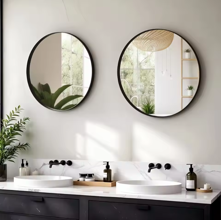 Ronde Wandspiegel met Zwart Geborsteld Metalen Frame – Luxe Badkamer- en Interieurspiegel