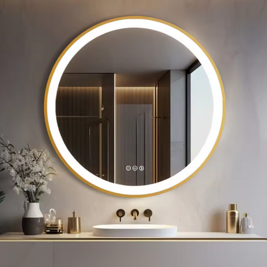 Ronde Badkamerspiegel met LED en Anticondens – Gouden Aluminium Frame