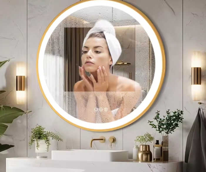 Ronde Badkamerspiegel met LED en Anticondens – Gouden Aluminium Frame