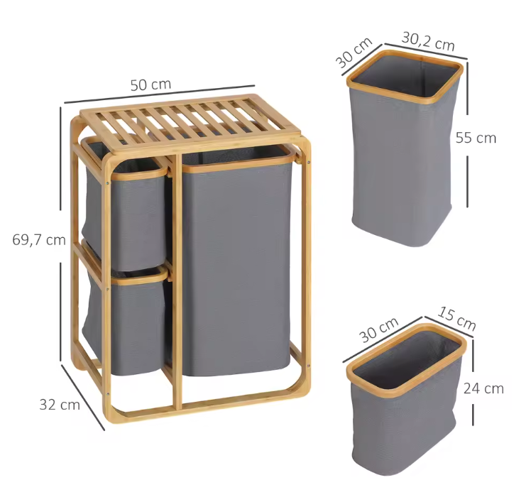 Bamboe Wasmand met 3 Afneembare Waszakken en Bovenplank