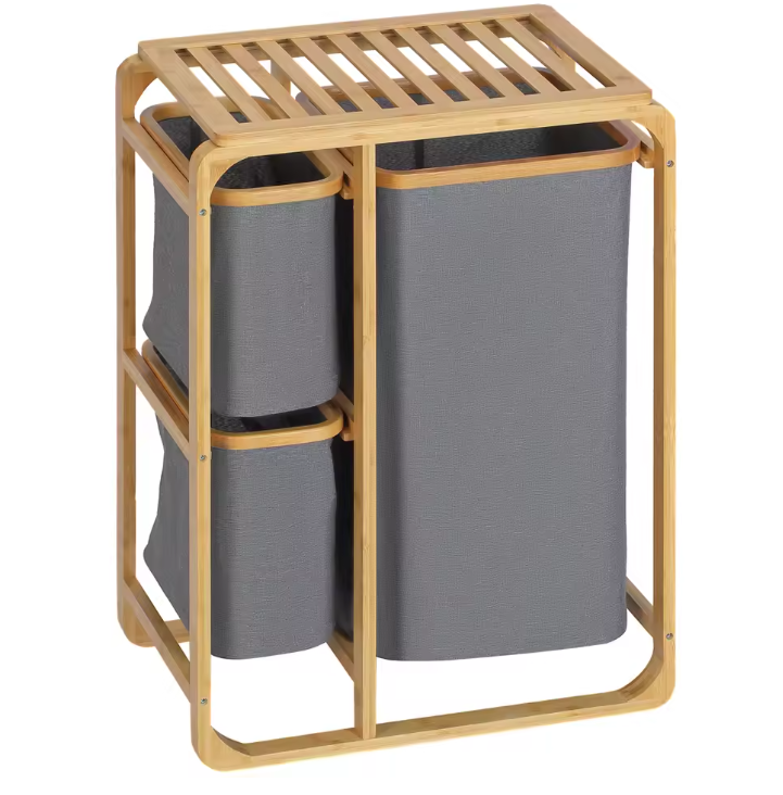 Bamboe Wasmand met 3 Afneembare Waszakken en Bovenplank