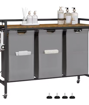 Wasmand met 2/3 Compartimenten – Uitschuifbare en Afneembare Waszakken, Waswagen met Wielen, Haken en Metalen Frame