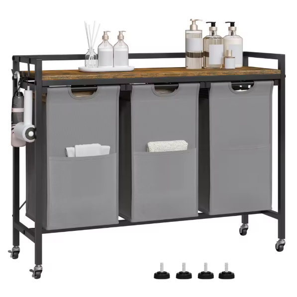 Wasmand met 2/3 Compartimenten – Uitschuifbare en Afneembare Waszakken, Waswagen met Wielen, Haken en Metalen Frame