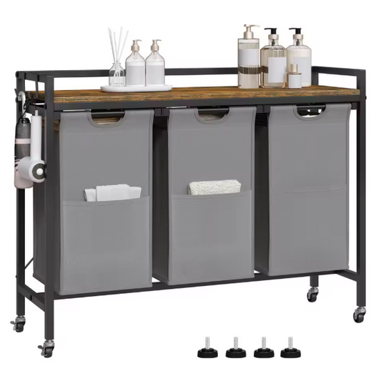 Wasmand met 2/3 Compartimenten – Uitschuifbare en Afneembare Waszakken, Waswagen met Wielen, Haken en Metalen Frame