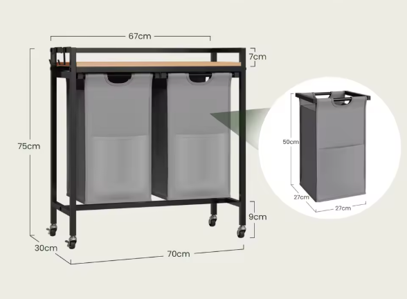 Wasmand met 2/3 Compartimenten – Uitschuifbare en Afneembare Waszakken, Waswagen met Wielen, Haken en Metalen Frame