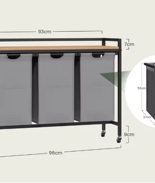 Wasmand met 2/3 Compartimenten – Uitschuifbare en Afneembare Waszakken, Waswagen met Wielen, Haken en Metalen Frame