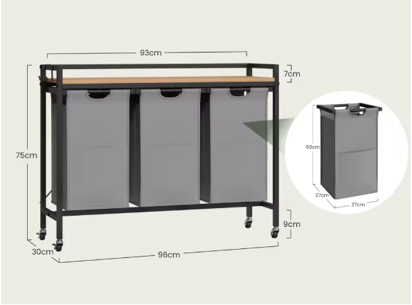 Wasmand met 2/3 Compartimenten – Uitschuifbare en Afneembare Waszakken, Waswagen met Wielen, Haken en Metalen Frame