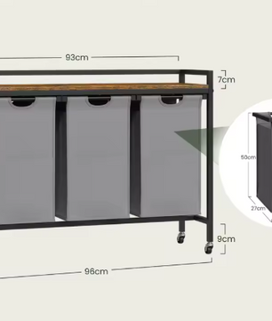 Wasmand met 2/3 Compartimenten – Uitschuifbare en Afneembare Waszakken, Waswagen met Wielen, Haken en Metalen Frame