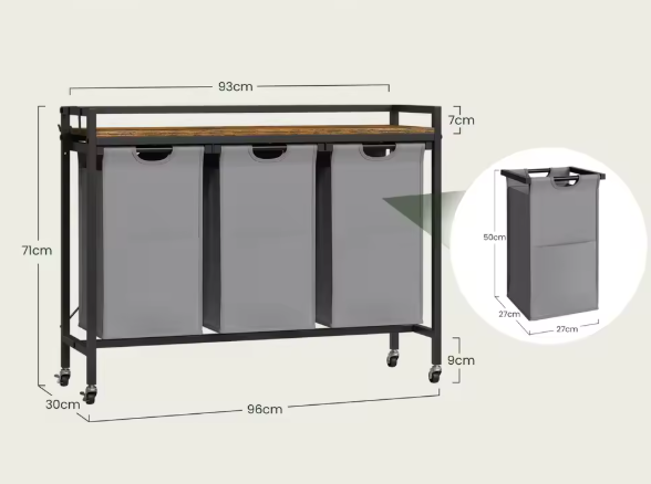 Wasmand met 2/3 Compartimenten – Uitschuifbare en Afneembare Waszakken, Waswagen met Wielen, Haken en Metalen Frame