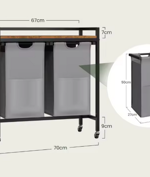 Wasmand met 2/3 Compartimenten – Uitschuifbare en Afneembare Waszakken, Waswagen met Wielen, Haken en Metalen Frame