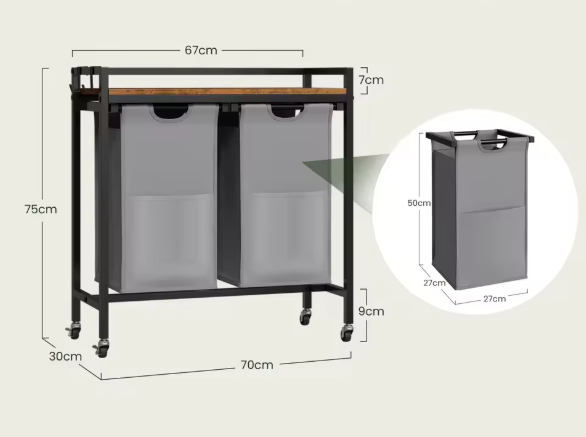 Wasmand met 2/3 Compartimenten – Uitschuifbare en Afneembare Waszakken, Waswagen met Wielen, Haken en Metalen Frame