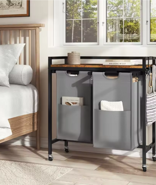 Wasmand met 2/3 Compartimenten – Uitschuifbare en Afneembare Waszakken, Waswagen met Wielen, Haken en Metalen Frame