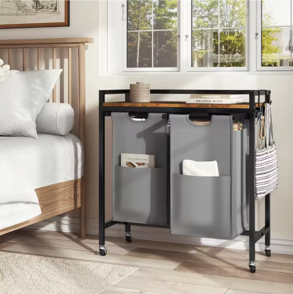 Wasmand met 2/3 Compartimenten – Uitschuifbare en Afneembare Waszakken, Waswagen met Wielen, Haken en Metalen Frame