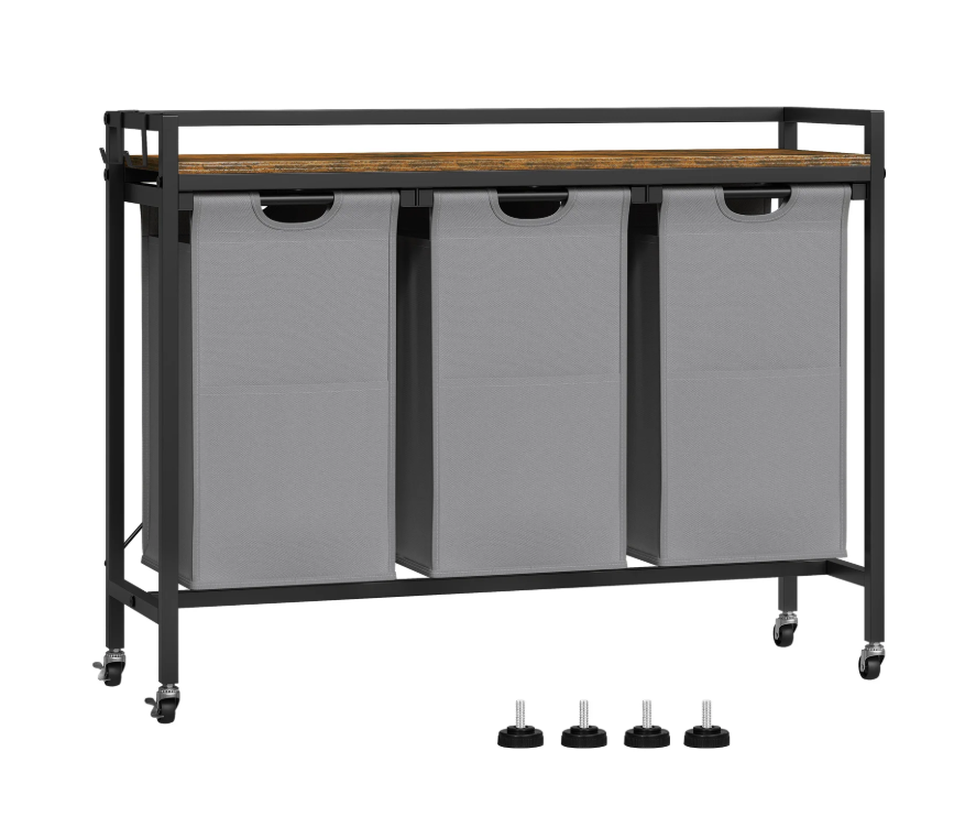 Wasmand met 2/3 Compartimenten – Uitschuifbare en Afneembare Waszakken, Waswagen met Wielen, Haken en Metalen Frame