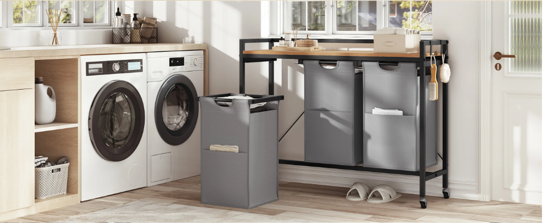 Wasmand met 2/3 Compartimenten – Uitschuifbare en Afneembare Waszakken, Waswagen met Wielen, Haken en Metalen Frame