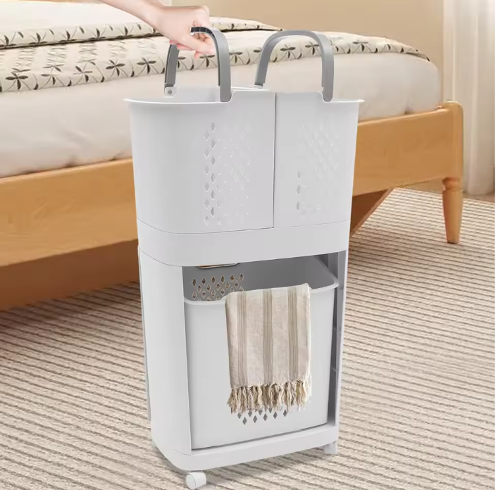 Rolbare Wasmand met 3 Bakken – Kunststof Waswagen met Wielen, Compact en Modern