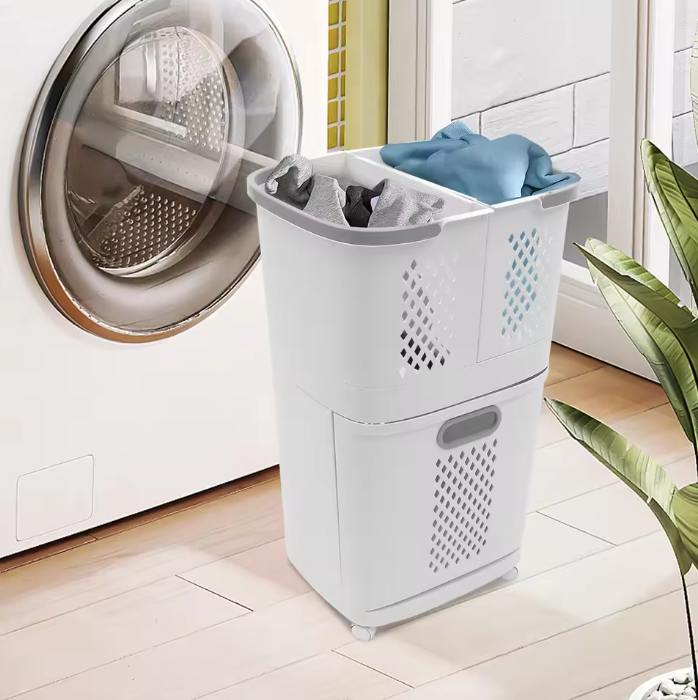 Rolbare Wasmand met 3 Bakken – Kunststof Waswagen met Wielen, Compact en Modern