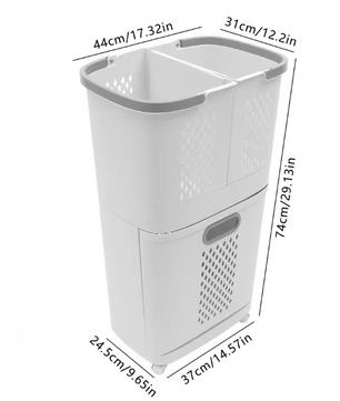 Rolbare Wasmand met 3 Bakken – Kunststof Waswagen met Wielen, Compact en Modern