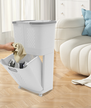 Rolbare Wasmand met 3 Bakken – Kunststof Waswagen met Wielen, Compact en Modern