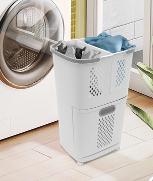 Rolbare Wasmand met 3 Bakken – Kunststof Waswagen met Wielen, Compact en Modern