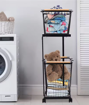 Metalen Wasmand met 2 Lagen – Afneembare Mandjes, Wielen met Rem, Modern