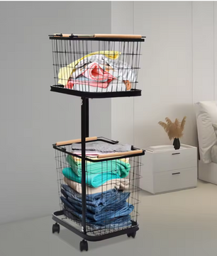 Metalen Wasmand met 2 Lagen – Afneembare Mandjes, Wielen met Rem, Modern