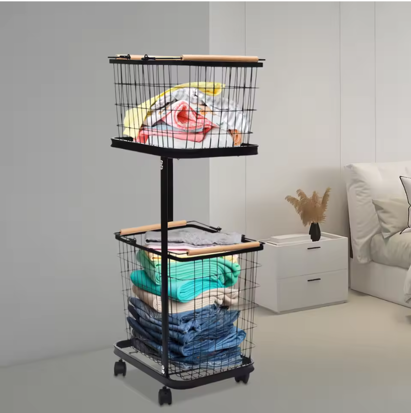 Metalen Wasmand met 2 Lagen – Afneembare Mandjes, Wielen met Rem, Modern