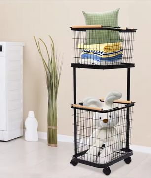 Metalen Wasmand met 2 Lagen – Afneembare Mandjes, Wielen met Rem, Modern