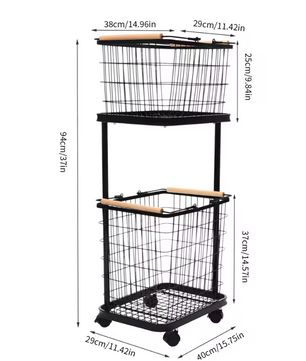 Metalen Wasmand met 2 Lagen – Afneembare Mandjes, Wielen met Rem, Modern