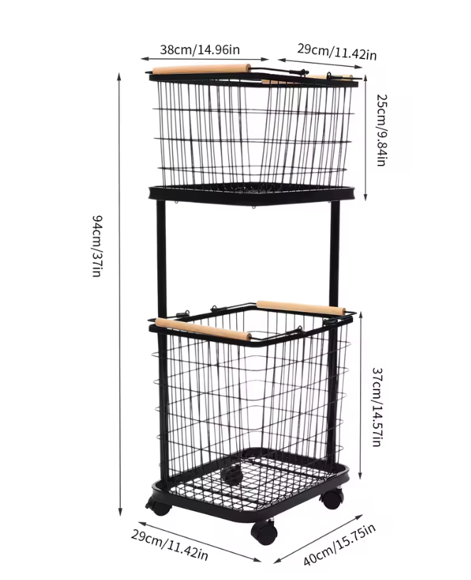 Metalen Wasmand met 2 Lagen – Afneembare Mandjes, Wielen met Rem, Modern