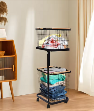 Metalen Wasmand met 2 Lagen – Afneembare Mandjes, Wielen met Rem, Modern