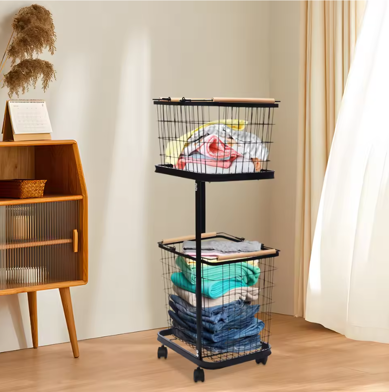 Metalen Wasmand met 2 Lagen – Afneembare Mandjes, Wielen met Rem, Modern