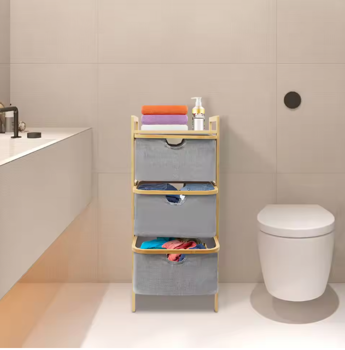 Bamboe Wasmand met 3 Lagen en Uittrekbare Laden – Ruimtebesparend en Modern