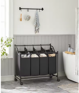 Wasmand met 4 Afneembare Waszakken – Verrijdbare Waswagen met Remmen