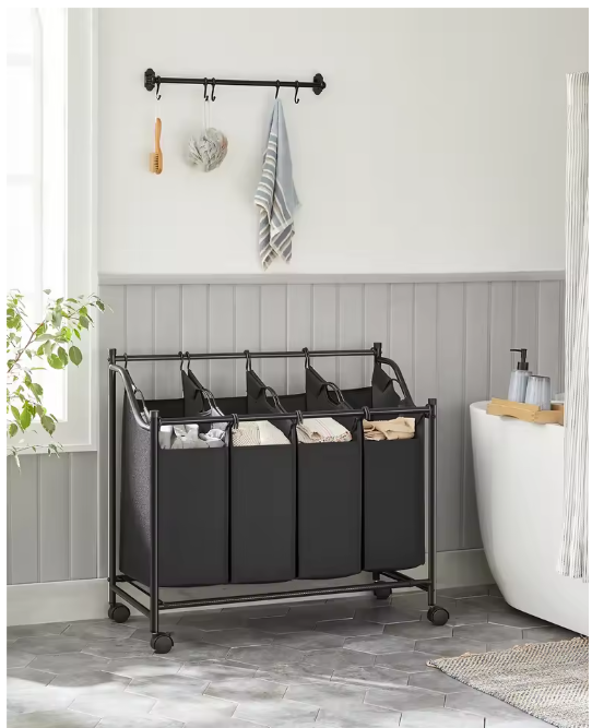 Wasmand met 4 Afneembare Waszakken – Verrijdbare Waswagen met Remmen